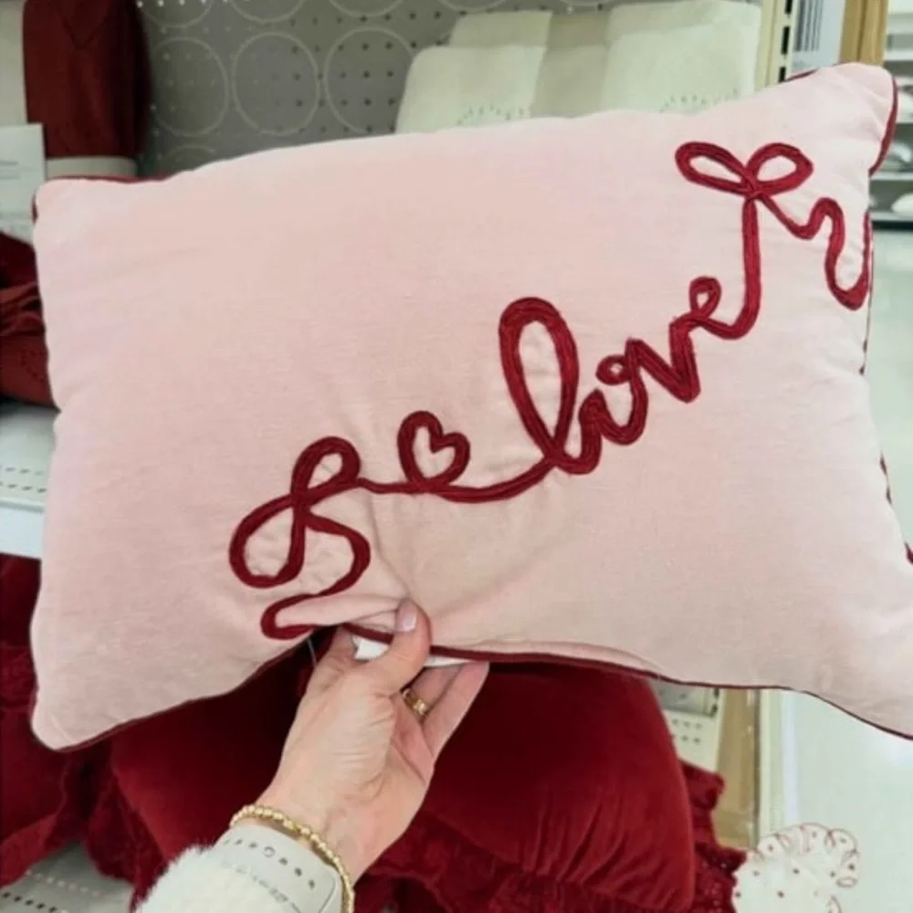 Threshold Pink Pillow with Red 'love' Script